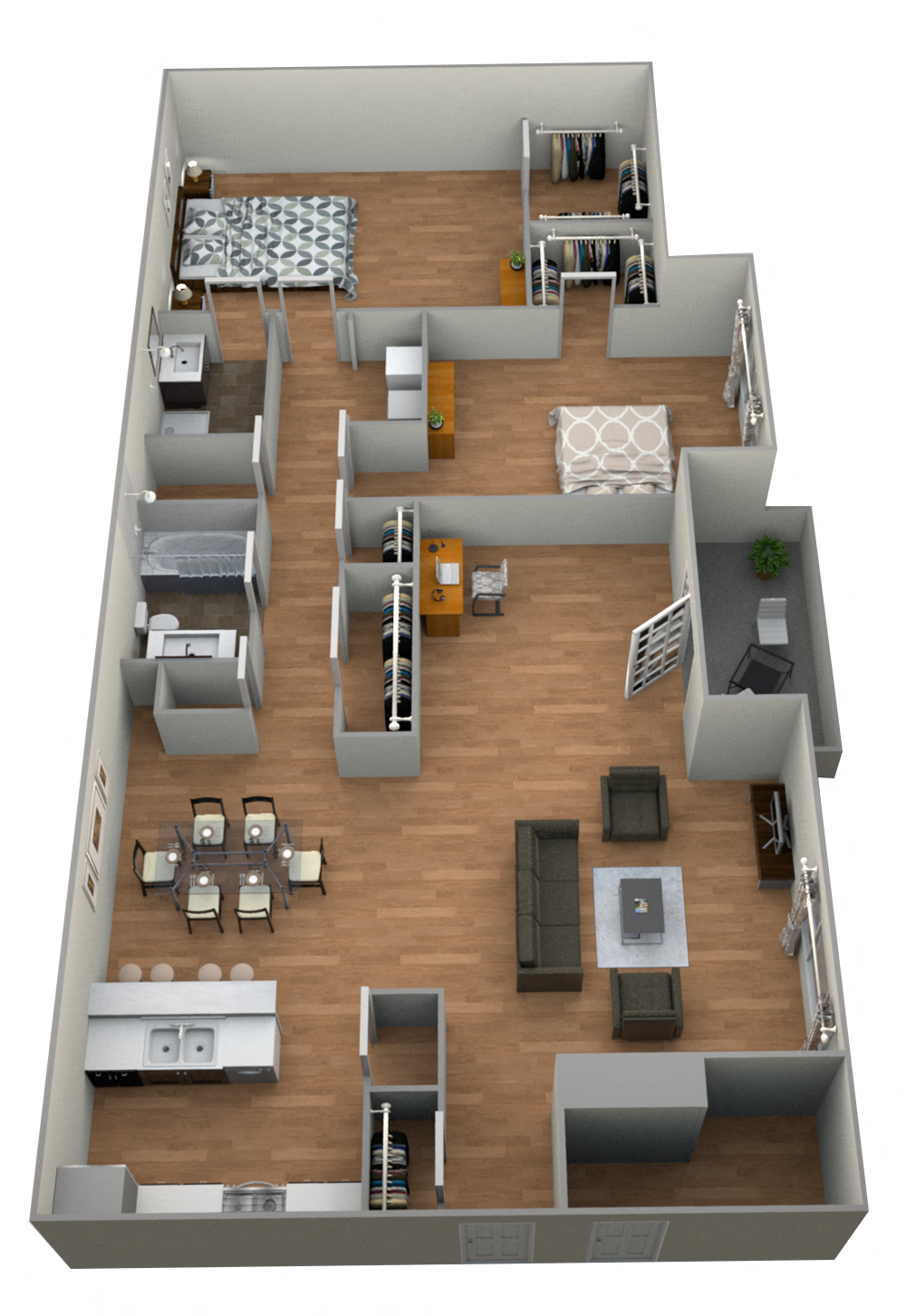 Floor plan for 2 beds, 2 baths, 1297 sqft